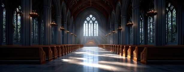 Grand Church Interior with Tall Stained Glass Windows Illuminated by Sunbeams Creating a Sacred Atmosphere