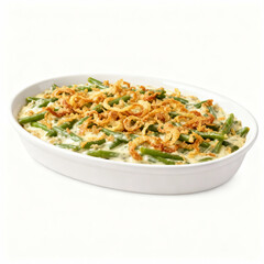 Green bean casserole isolated on white background, a classic thanksgiving side dish