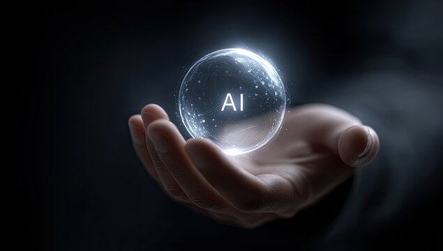 Hand Carefully Holding Glowing Holographic AI Icon With Digital Particles Floating Around In Dark Background