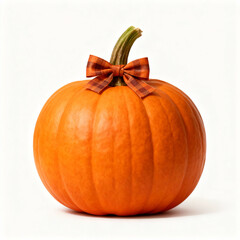 A charming pumpkin adorned with a plaid bow, isolated on white background, evokes the essence of autumn and harvest season