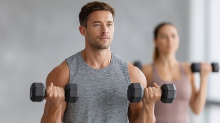 Young man focuses on strength training with dumbbells in a bright and modern gym, showcasing dedication to fitness alongside a female partner.