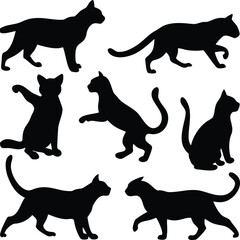 Black Cat Silhouette Set Vector | Cat Poses Collection on White Background