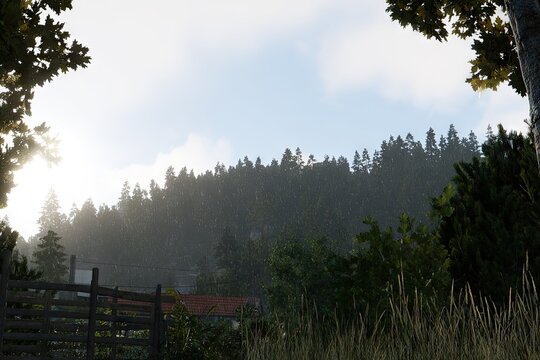 Forest scene, sunlit, misty hills - Powered by Adobe