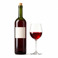 A bottle of red wine with a blank label and a glass of wine isolated on white background ready to serve