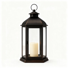 Elegant dark bronze lantern with candle inside isolated on white background for home decor and lighting