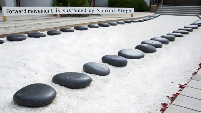 A path of smooth dark river stones arranged on white gravel