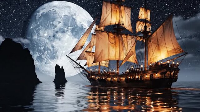 The Lunar Mariner: A Cinematic and Mystical Tall Ship's Night Journey
