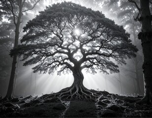 Black and white image of a large tree with roots and sun rays