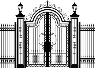 Obraz premium Ornate Entrance Gate with Lamps and Fence