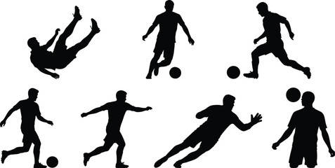 Soccer player silhouette set, dynamic football poses, kicking, dribbling, passing, athletic action, sports icon, black vector illustration, motion