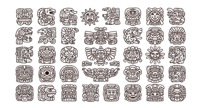Mayan Glyphs Ancient Symbols and Patterns in Vector Illustration