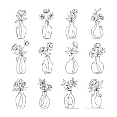 Minimal One Line Flower Vase Set | Modern Continuous Line Botanical Vector Illustration