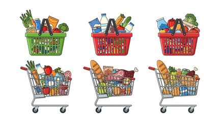 Cartoon Shopping Baskets and Carts Filled with Groceries
