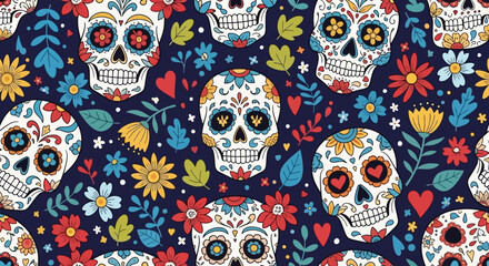 Day of the Dead Seamless Pattern with Sugar Skulls and Floral Elements