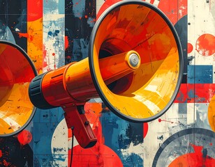 Bright image of large megaphones against a patterned background