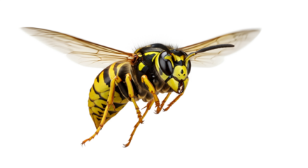 Yellow and black wasp flying with wings spread against white background  