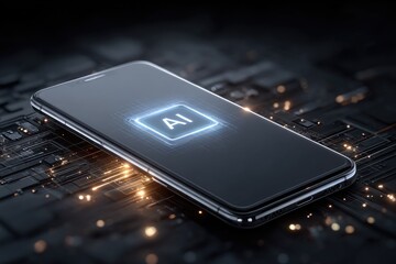 Illuminated AI Interface Displayed On Smartphone with Circuitry Details in Dark Environment