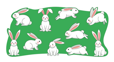 Cute White Rabbits Collection on Green Background An Animal Cartoon Illustration