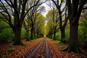 Fototapeta premium Rain slicked forest path winding through ancient trees, ethereal mist A winding, narrow forest path, glistening and wet from recent rain, disappearing into the distance. Tall, ancient trees with