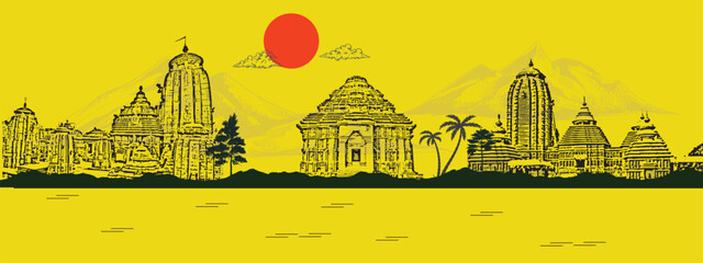 Odisha Skyline with Iconic Landmarks and Cultural Heritage for Tourism Promotion | Jagannath Temple, Konark Sun Temple, Chilika Lake, Puri Beach, and Bhubaneswar Cityscape