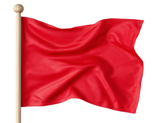 Bright red flag waving in wind on wooden pole, isolated on transparent background