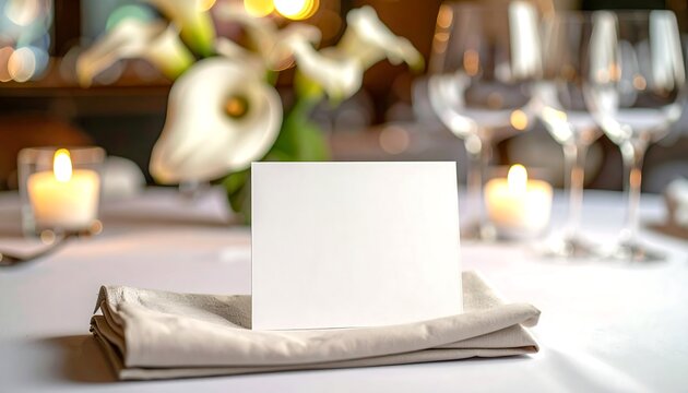 Elegant Table Setting with Blank Card and Floral Arrangement.