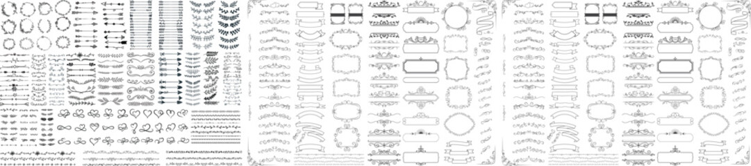 Vintage calligraphic elements. Decorative frames, flourish dividers, borders. Beautiful swirls, sinks decorated with motifs and scrolls. Circle, square and rectangular frames for cards vector