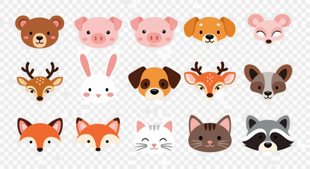 Cute Animal Faces Collection Bear, Pig, Dog, Deer, Rabbit, Fox, Cat, Raccoon