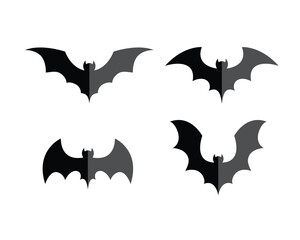 Four black bat silhouettes with different wing shapes, minimalist Halloween icons on white background