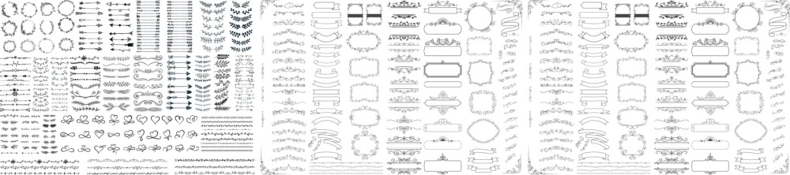 Vintage calligraphic elements. Decorative frames, flourish dividers, borders. Beautiful swirls, sinks decorated with motifs and scrolls. Circle, square and rectangular frames for cards vector