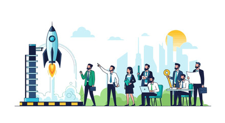 Business team launching a rocket, symbolizing startup growth and success