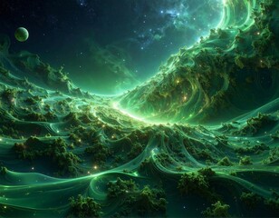 An ethereal, alien landscape with swirling green nebulae