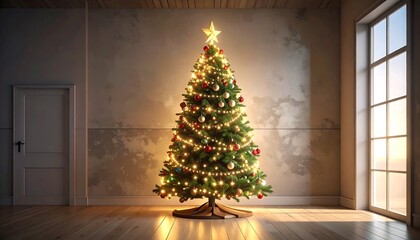 A lit, decorated tree with a star topper in a simple room, sunlight coming through a large window, a door is on the left