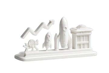 White 3D model depicts rockets launching, upward trend graph, and a building, symbolizing growth and progress
