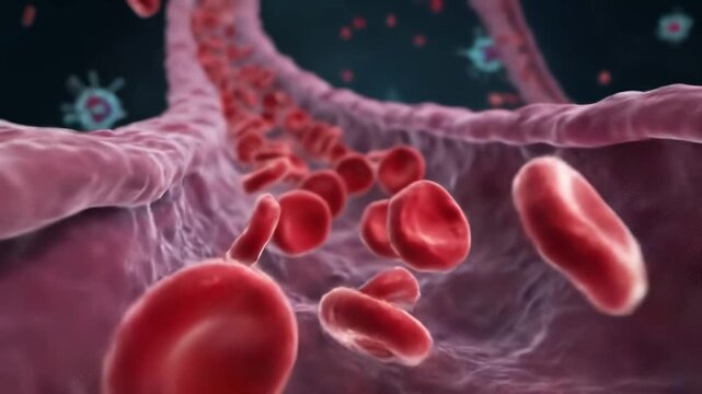 Microscopic view of red blood cells flowing through a human blood vessel, illustrating the vital process of circulation and oxygen transport within the bodys intricate vascular system.
