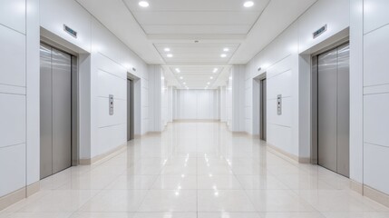 Obraz premium Modern interior corridor view showcasing multiple elevator doors in a bright and spacious environment with clean lines and polished surfaces