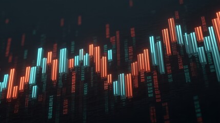 Abstract digital financial market data visualization with glowing bars and lines in blue and orange colors against a dark background