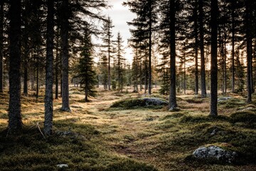 Obraz premium Sunlight filtering through a dense forest (1)