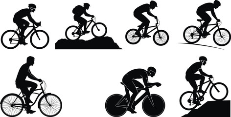 Fototapeta premium Cycling silhouettes, bike riders, mountain biking, road cycling, BMX action, racing posture, helmet safety, outdoor sport, active lifestyle, motion concept