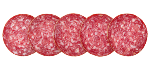 Row of thin sliced salami sausage meat isolated on transparent background