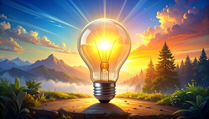 A luminous lightbulb glows brightly against a beautiful sky, with mountains, trees, and path in view. The image creates a brilliant and scenic view
