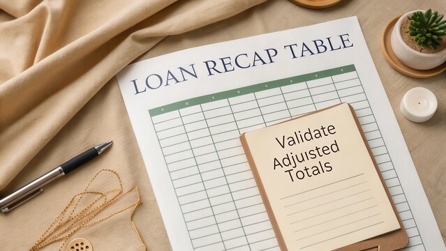 Loan recap table with notes and pen on a beige surface for financial documentation and record keeping tasks