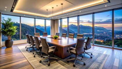 A luxurious boardroom with a large wooden table, executive chairs, and panoramic windows offering a mountain view at sunset