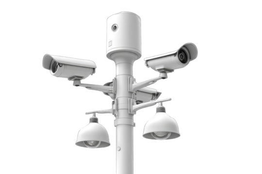 Multiple security cameras mounted on a tall, white pole