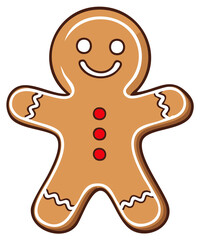 Cute gingerbread man cookie illustration with frosting smile and red buttons