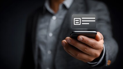 Man holding a smartphone with a digital ID card icon for online verification, mobile banking, and virtual payment services