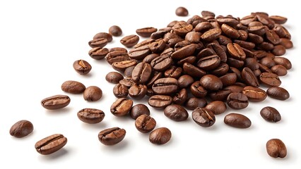 Fototapeta premium Pile of roasted coffee bean isolated on white background, showcasing the rich aroma and flavor of freshly brewed coffee, perfect for coffee lovers and enthusiasts