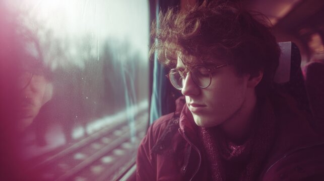 A young man with curly hair and glasses sits quietly on a train, looking pensively out the window at the snowy scenery, lost in thought.