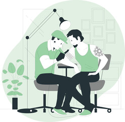 Tattoo artist inking a design onto a client's arm in a studio setting vector illustration