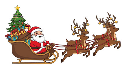 Santa Claus in his sleigh being pulled by reindeers carrying gifts for Christmas
